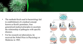 • The methods Koch used in bacteriology led
to establishment of a medical concept
known as Koch's postulates, four
generalized medical principles to ascertain
the relationship of pathogens with specific
diseases.
• For his research on tuberculosis, he
received the Nobel Prize in Physiology or
Medicine in 1905.
 