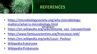 REFERENCES
• https://microbiologysociety.org/why-microbiology-
matters/what-is-microbiology.html
• https://en.wikipedia.org/wiki/Antonie_van_Leeuwenhoek
• https://www.famousscientists.org/francesco-redi/
• https://en.wikipedia.org/wiki/Louis_Pasteur
• Wikipedia:Eukaryote
• Wikipedia:Prokaryote
REFERENCES
 