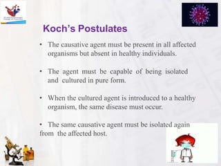 Koch’s Postulates
• The causative agent must be present in all affected
organisms but absent in healthy individuals.
• The agent must be capable of being isolated
and cultured in pure form.
• When the cultured agent is introduced to a healthy
organism, the same disease must occur.
• The same causative agent must be isolated again
from the affected host.
 