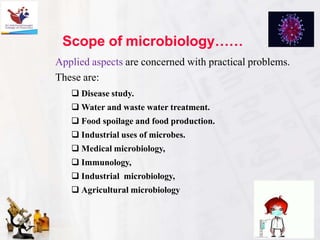 Scope of microbiology……
Applied aspects are concerned with practical problems.
These are:
 Disease study.
 Water and waste water treatment.
 Food spoilage and food production.
 Industrial uses of microbes.
 Medical microbiology,
 Immunology,
 Industrial microbiology,
 Agricultural microbiology
 
