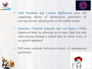 • John Needham and Lazzaro Spallanzani were still
supporting theory of spontaneous generation by
proving that air carried germs to the culture media.
• Schwann, Friedrich Schroder and von Dusch (1830s)
disproved them by allowing air to enter flask but only
after passing through a heated tube or sterile wool, so
no growth appeared.
• Still some scientists believed in theory of spontaneous
generation.
 