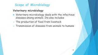 Scope of Microbiology
Veterinary microbiology
 Veterinary microbiology deals with the infectious
diseases among animals. Its also includes
 The production of food from livestock
 Transmission of diseases from animals to humans
18
 