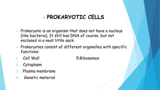  PROKARYOTIC CELLS
 Prokaryote is an organism that does not have a nucleus
(like bacteria), It still has DNA of course, but not
enclosed in a neat little sack.
 Prokaryotes consist of different organelles with specific
functions:
1. Cell Wall 5.Ribosomes
2. Cytoplasm
3. Plasma membrane
4. Genetic material
 