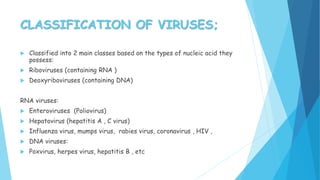 CLASSIFICATION OF VIRUSES;
 Classified into 2 main classes based on the types of nucleic acid they
possess:
 Riboviruses (containing RNA )
 Deoxyriboviruses (containing DNA)
RNA viruses:
 Enteroviruses (Poliovirus)
 Hepatovirus (hepatitis A , C virus)
 Influenza virus, mumps virus, rabies virus, coronavirus , HIV ,
 DNA viruses:
 Poxvirus, herpes virus, hepatitis B , etc
 