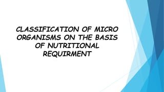 CLASSIFICATION OF MICRO
ORGANISMS ON THE BASIS
OF NUTRITIONAL
REQUIRMENT
 
