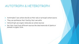 AUTOTROPH & HETEROTROPH
 Autotrophs use carbon dioxide as their sole or principal carbon source
 They can synthesize their food by their own while
 Heterotroph use organic molecules as carbon sources
 Get their food from different sources like dead materials of plants or
animals in organic form.
 