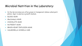 Microbial Nutrition in the Laboratory:
 In the lab microbes are often grown in transparent dishes called petri
plates. Agar is used as a growth medium.
 BLOOD AGAR
 MacConkey’s AGAR
 CHOCOLATE AGAR
 NUTRIENT AGAR
 BRAIN HEART INFUSION AGAR
 SALMONELLA SHIGELLA AGR
 