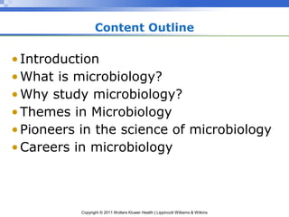 Copyright © 2011 Wolters Kluwer Health | Lippincott Williams & Wilkins
Content Outline
•Introduction
•What is microbiology?
•Why study microbiology?
•Themes in Microbiology
•Pioneers in the science of microbiology
•Careers in microbiology
 