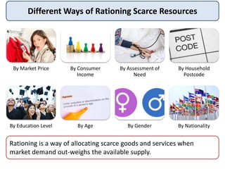 Different Ways of Rationing Scarce Resources
By Market Price By Consumer
Income
By Assessment of
Need
By Household
Postcode
By Education Level By Age By Gender By Nationality
Rationing is a way of allocating scarce goods and services when
market demand out-weighs the available supply.
 