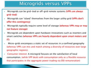  Microgrids can be grid-tied or off-grid remote systems (VPPs are always
grid-tied)
 Microgrids can ‘island’ themselves from the larger utility grid (VPPs don't
offer this contingency)
 Microgrids typically require some level of storage (whereas VPPs may or may
not feature storage)
 Microgrids are dependent upon hardware innovations such as inverters and
smart switches (whereas VPPs are heavily dependent upon smart meters and
IT)
 Micro-grids encompass a static set of resources in a confined geography
(whereas VPPs can mix and match among a diversity of resources over large
geographic regions).
 Consumer interest: A microgrid focuses on the satisfaction of local
consumption. (while VPP deals with consumption only as a flexible resource
that participates in the aggregate power trading via DSI remuneration)
 