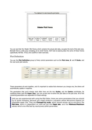  You can see that the Mas er Plot Frame , which contains the actual plot data, occupies the bulk of the plot area.
Beneath that is a title area consisting of six small frames. We’ll look at placing data into some of these frames
(specifically NOTES , TITLE , and CLIENT ) in later exercises.
t 
Plot Definition
 You use the Plot Definition group to finely control parameters such as the Plot Area, X - and Y -Scale, and
the real-world plot extents.
These parameters all work together, and it’s important to realise that whenever you change one, the others will
automatically update in response.
The parameters that you’ll change most often here are the two Scales, and the Centre  coordinates. By
modifying these (and the Paper size), you can re-size and re-centre the plot data on the plot area. All of the
remaining parameters are dependent on these settings.
Until you are experienced with using the Plot Editor, there are some parameters that you should
try to avoid changing, because you might produce a situation where Micromine expects an
impossible paper size. They are Changed by scale, which should remain set to M I N / M A X    , the
Plot Area, which is dependent on (and set by) the Paper size, and the Minimum/Maximum
values, which are affected by nearlyevery other parameter.
 