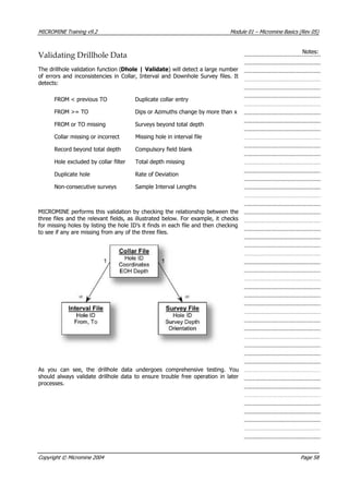 MICROMINE Training v9.2 Module 01 – Micromine Basics (Rev 05)
Notes:
Validating Drillhole Data
The drillhole validation function (Dhole | Validate) will detect a large number
of errors and inconsistencies in Collar, Interval and Downhole Survey files. It
detects:
FROM < previous TO Duplicate collar entry
FROM >= TO Dips or Azimuths change by more than x
FROM or TO missing Surveys beyond total depth
Collar missing or incorrect Missing hole in interval file
Record beyond total depth Compulsory field blank
Hole excluded by collar filter Total depth missing
Duplicate hole Rate of Deviation
Non-consecutive surveys Sample Interval Lengths
MICROMINE performs this validation by checking the relationship between the
three files and the relevant fields, as illustrated below. For example, it checks
for missing holes by listing the hole ID’s it finds in each file and then checking
to see if any are missing from any of the three files.
 As you can see, the drillhole data undergoes comprehensive testing. You
should always validate drillhole data to ensure trouble free operation in later
processes.
Copyright © Micromine 2004 Page 58
 