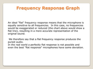 Frequency Response Graph
An ideal "flat" frequency response means that the microphone is
equally sensitive to all frequencies. In this case, no frequencies
would be exaggerated or reduced (the chart above would show a
flat line), resulting in a more accurate representation of the
original sound.
We therefore say that a flat frequency response produces the
purest audio.
In the real world a perfectly flat response is not possible and
even the best "flat response" microphones have some deviation.
 