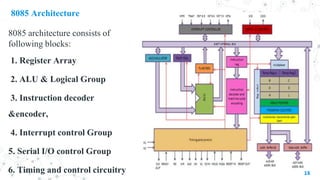 8085 Architecture
8085 architecture consists of
following blocks:
1. Register Array
2. ALU & Logical Group
3. Instruction decoder
&encoder,
4. Interrupt control Group
5. Serial I/O control Group
6. Timing and control circuitry 18
 