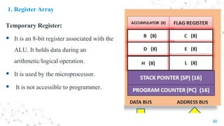 1. Register Array
Temporary Register:
 It is an 8-bit register associated with the
ALU. It holds data during an
arithmetic/logical operation.
 It is used by the microprocessor.
 It is not accessible to programmer.
21
 