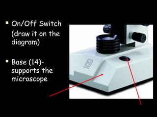  On/Off Switch
(draw it on the
diagram)
 Base (14)-
supports the
microscope
 