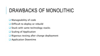 DRAWBACKS OF MONOLITHIC
 Manageability of code
 Difficult to deploy or rebuild
 Stuck with same technology stacks
 Scaling of Application
 Rigorous testing after change deployment
 Application Downtime
 