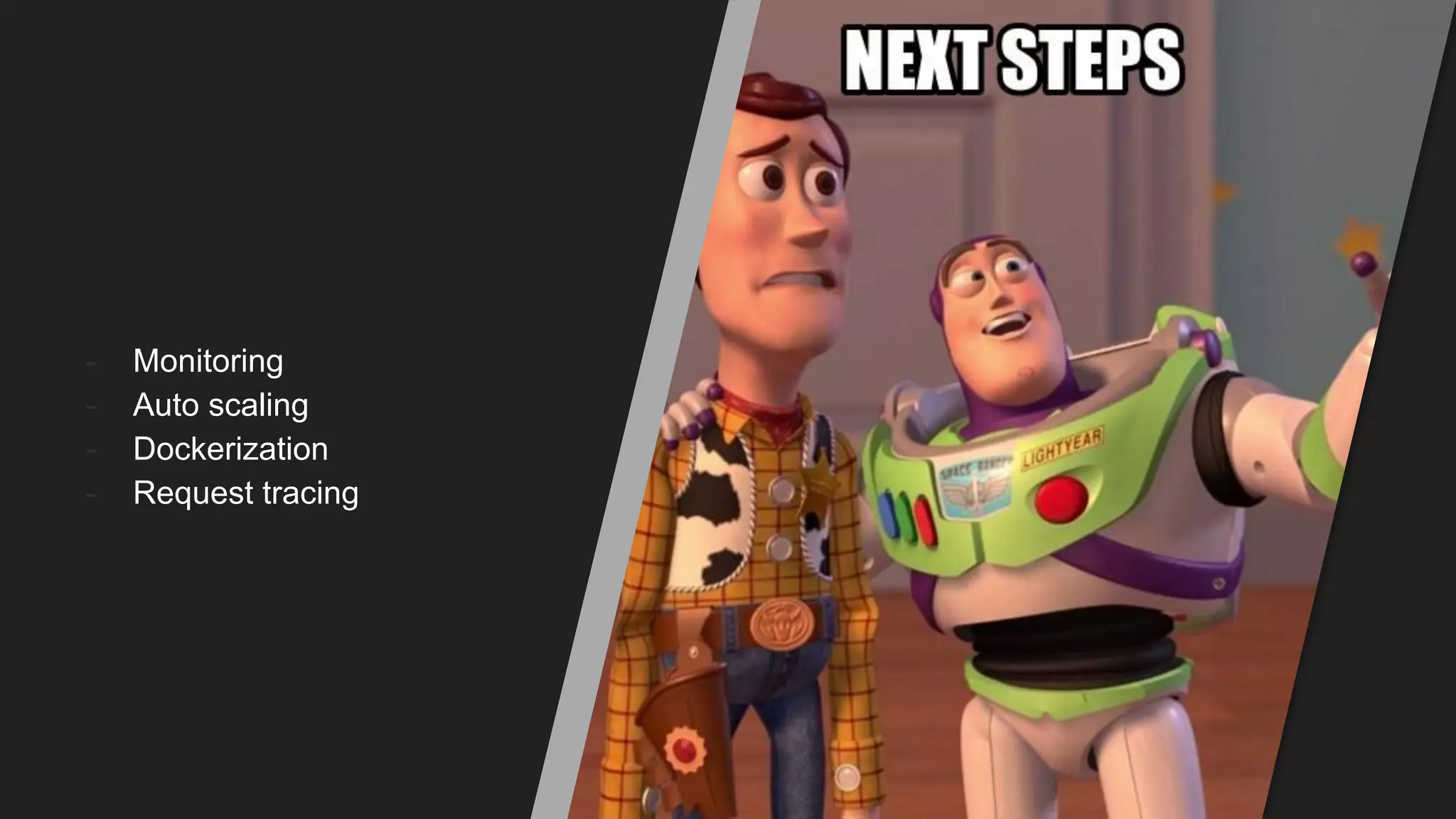 - Monitoring
- Auto scaling
- Dockerization
- Request tracing
 