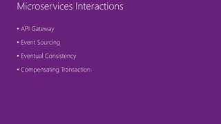 Microservices Interactions
• API Gateway
• Event Sourcing
• Eventual Consistency
• Compensating Transaction
 