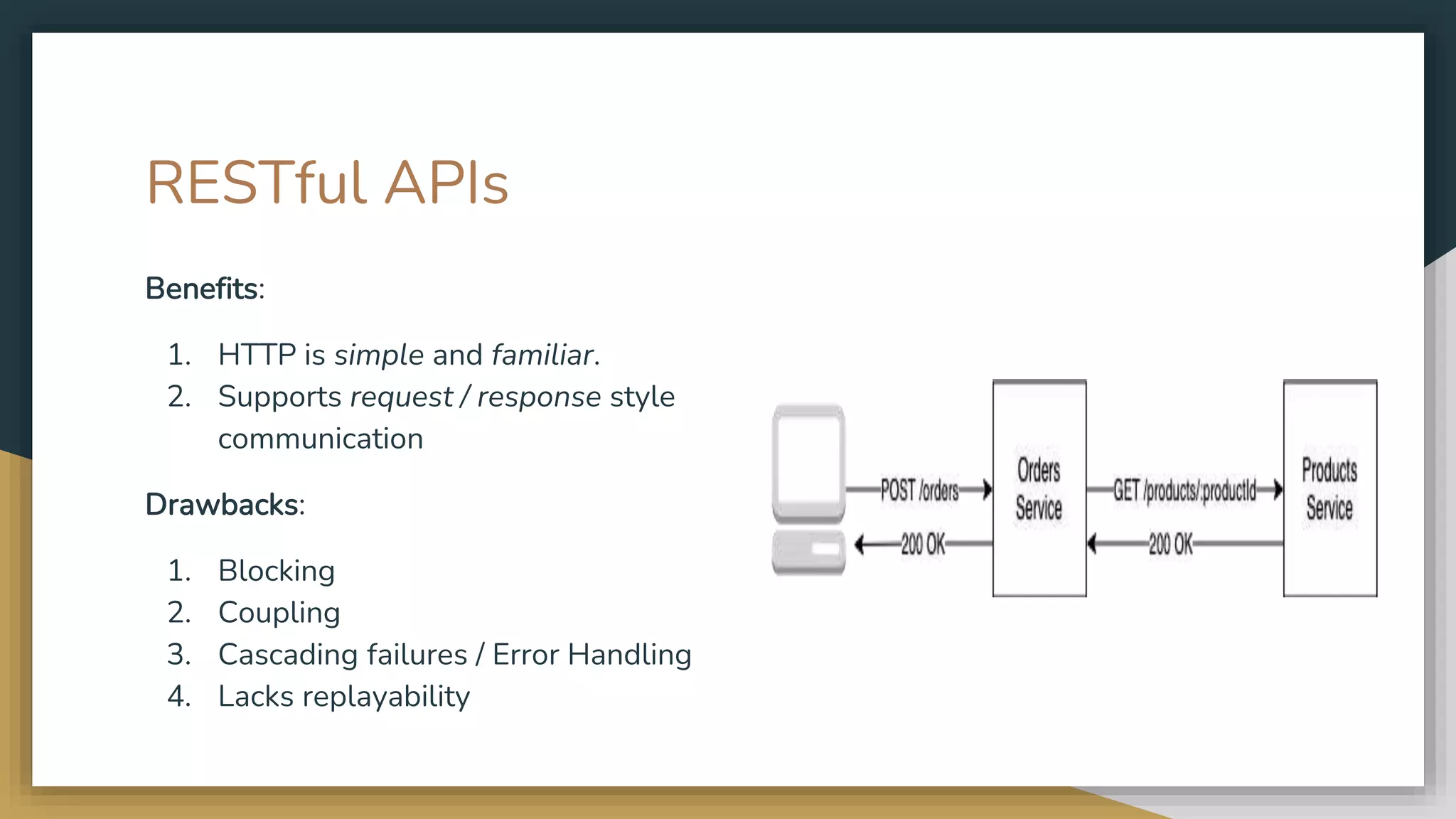 RESTful APIs Benefits: 1. HTTP is simple and familiar. 2. Supports request / response style communication Drawbacks: 1. Blocking 2. Coupling 3. Cascading failures / Error Handling 4. Lacks replayability 