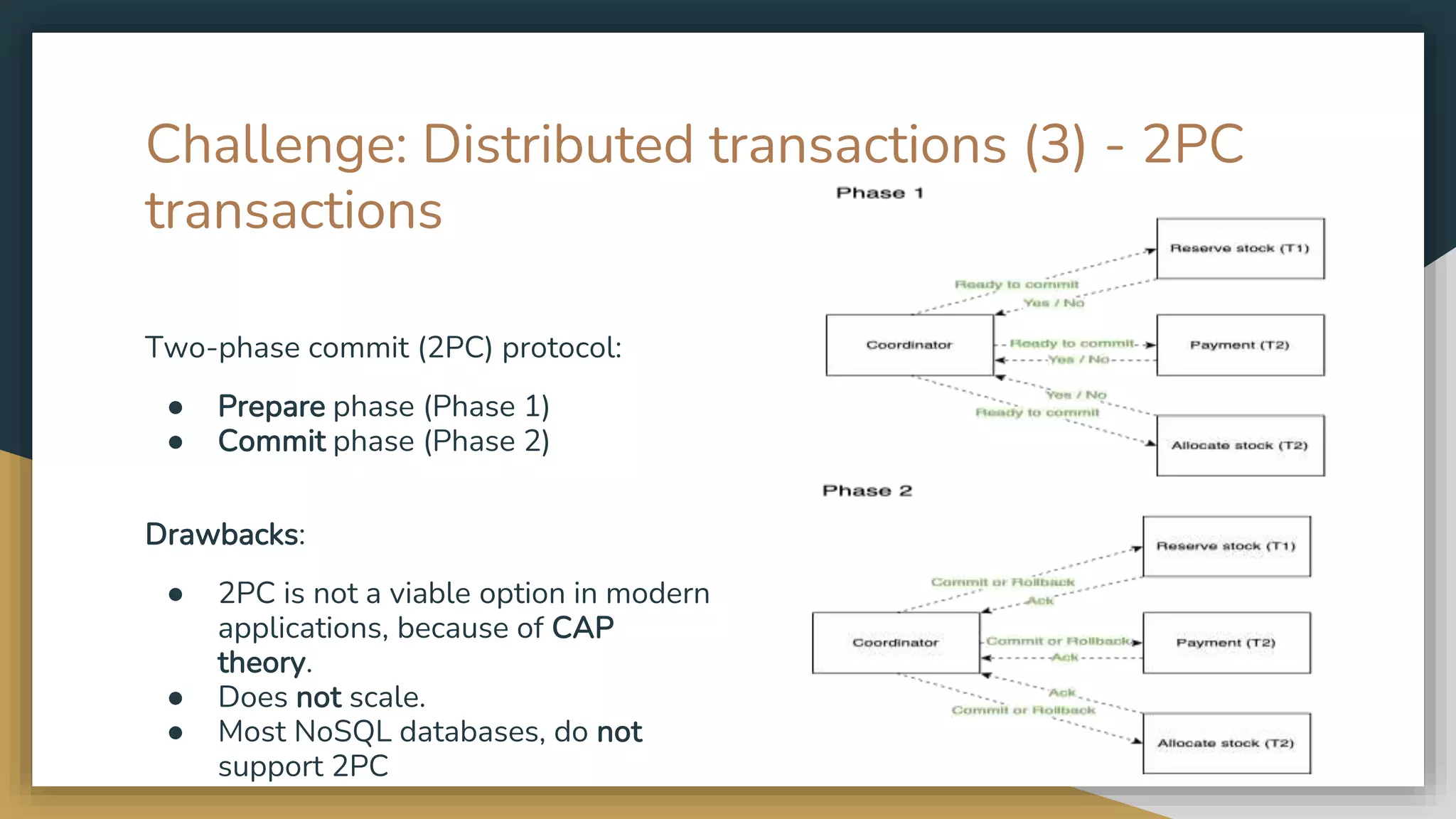 Challenge: Distributed transactions (3) - 2PC transactions Two-phase commit (2PC) protocol: ● Prepare phase (Phase 1) ● Commit phase (Phase 2) Drawbacks: ● 2PC is not a viable option in modern applications, because of CAP theory. ● Does not scale. ● Most NoSQL databases, do not support 2PC 