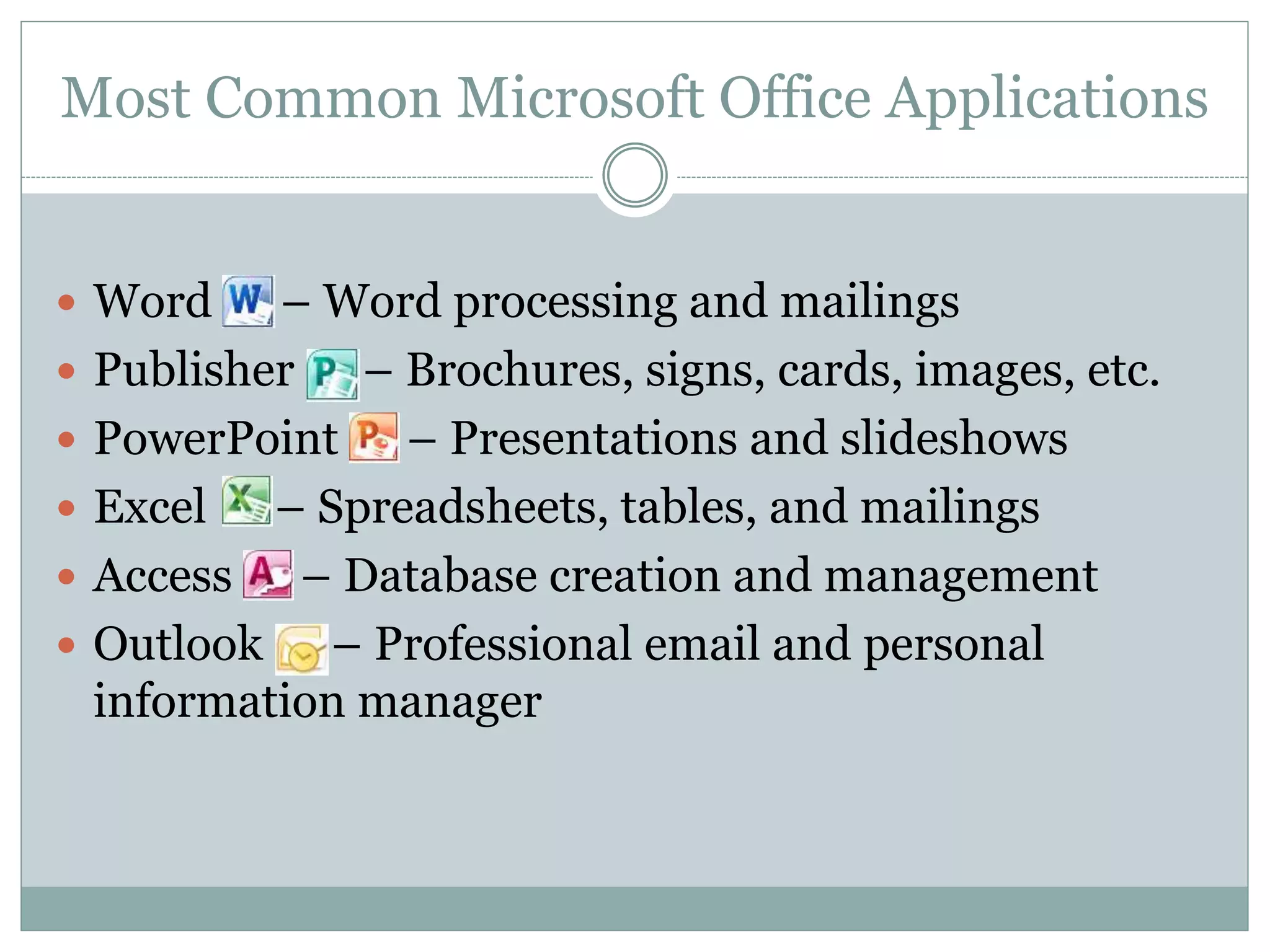 Most Common Microsoft Office Applications
 Word – Word processing and mailings
 Publisher – Brochures, signs, cards, images, etc.
 PowerPoint – Presentations and slideshows
 Excel – Spreadsheets, tables, and mailings
 Access – Database creation and management
 Outlook – Professional email and personal
information manager
 