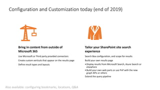 Configuration and Customization today (end of 2019)
Bring in content from outside of
Microsoft 365
Use Microsoft or Third party provided connectors
Create custom verticals that appear on the results page
Define result types and layouts
Tailor your SharePoint site search
experience
Search Box configuration, and scope for results
Build your own results page
•Display results from Microsoft Search, Azure Search or
elsewhere
•Build your own web parts or use PnP with the new
graph APIs or others
Extend the query pipeline
Also available: configuring bookmarks, locations, Q&A
 
