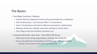 The Basics
▪ Five Major Functions / Features
▪ Activity: What has happened recently / did you potentially miss a notification
▪ Chat: Smaller groups – more focused. Often 1:1 conversations.
▪ Teams: The big feature with tabs for different conversations / collaborations
▪ Meetings: Shows your calendar, setup team meetings to include Teams
▪ Files: Brings in files from OneDrive, SharePoint, etc.
▪ Important Reminder: New Team = New Office 365 Group
▪ Which also tends to bring along OneNote, OneDrive, SharePoint, etc.
▪ You can also add Teams functionality to existing Groups or Distribution Lists
▪ Warning: This will create an Office 365 Group from your DL
 