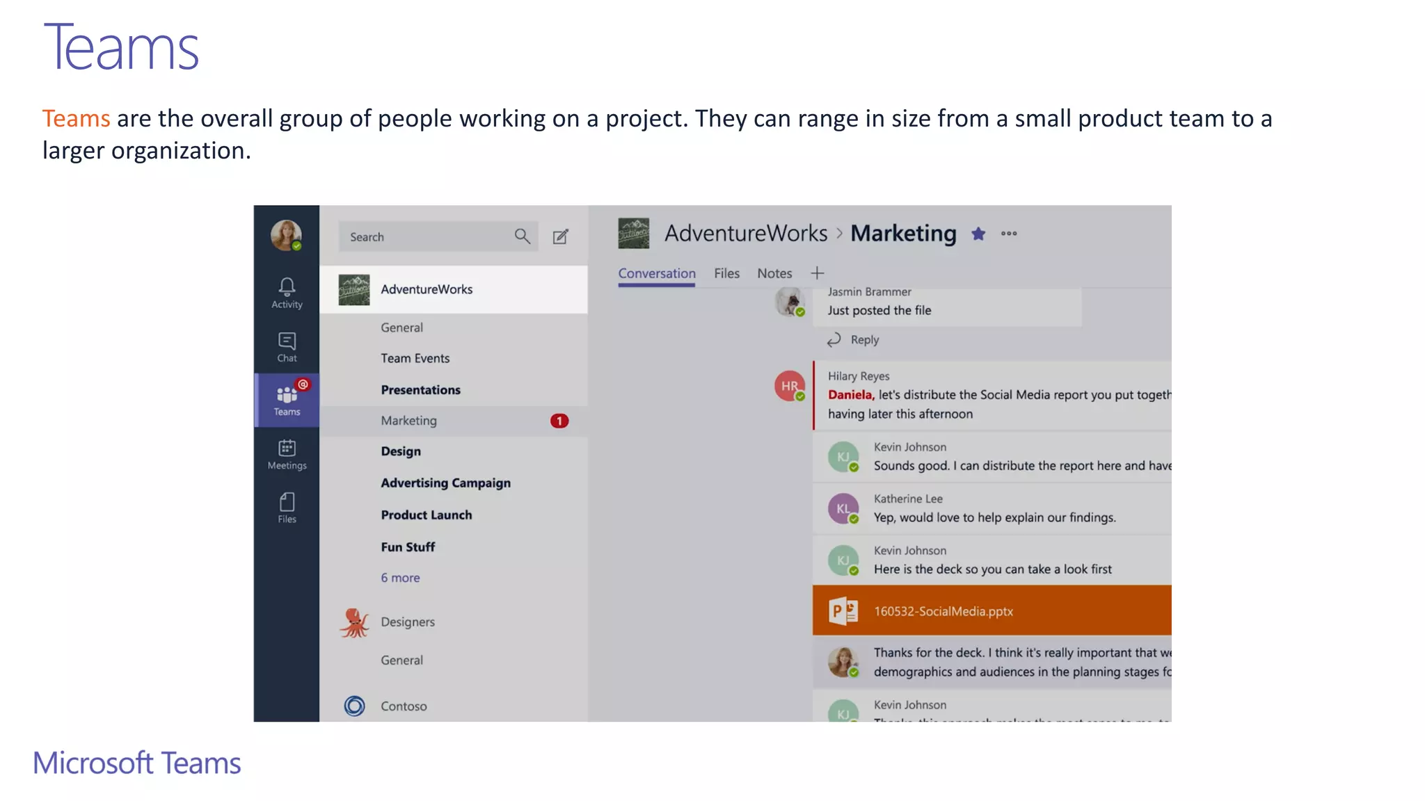 Teams are the overall group of people working on a project. They can range in size from a small product team to a
larger organization.
Teams
 