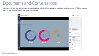 Documents and Conversations
You can review a file with the conversation along side it. When you give feedback and comment, it’ll also appear
back in the channel so no one loses the history.
 