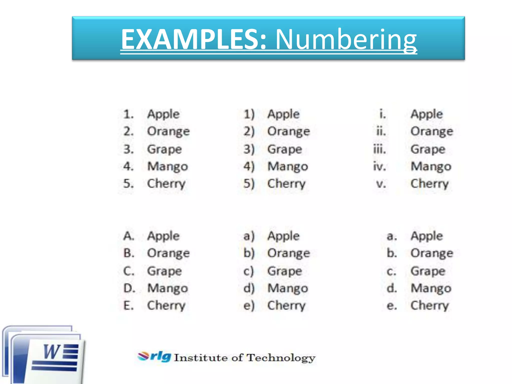 EXAMPLES: Numbering

 