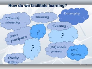 How do we facilitate learning?
                                           Encouraging
Effectively          Discussing
introducing
                                  Illustrating

          e
   Activ ation
                     ?                   ?
    pa rticip

                 ?                Asking right
                                  questions      Ideal
                                                 Reading
  Creating
  interest
                                                           6
 