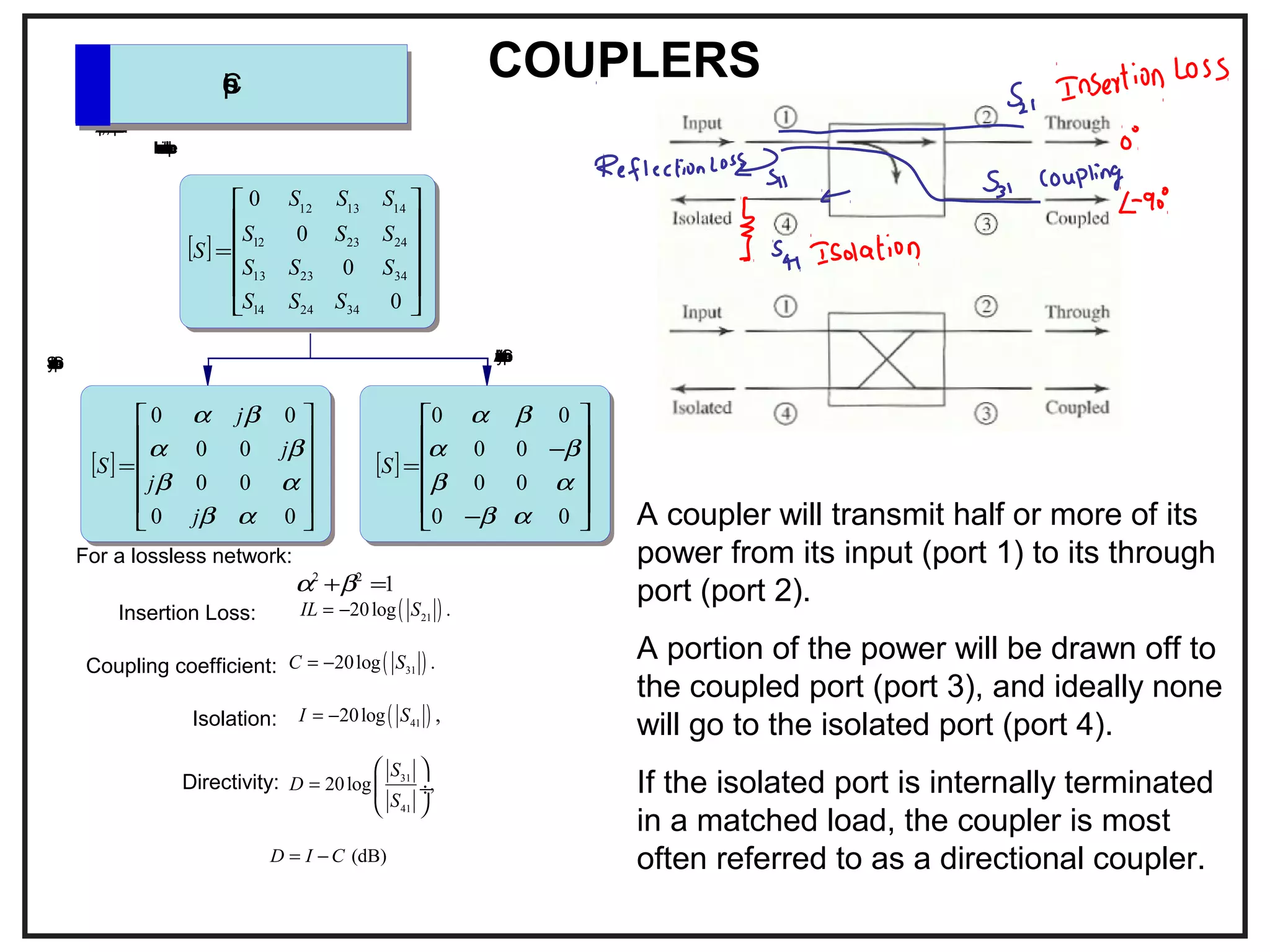 [ ]












−
−
=
00
00
00
00
αβ
αβ
βα
βα
S
[ ]












=
0
0
0
0
342414
342313
242312
141312
SSS
SSS
SSS
SSS
S
[ ]












=
00
00
00
00
αβ
αβ
βα
βα
j
j
j
j
S
SymmetricCoupler AntisymmetricCoupler
122
=+βα
Areciprocal,lossless,matchedfour-portnetwork
behavesasadirectionalcoupler
Couplers
COUPLERS
A coupler will transmit half or more of its
power from its input (port 1) to its through
port (port 2).
A portion of the power will be drawn off to
the coupled port (port 3), and ideally none
will go to the isolated port (port 4).
If the isolated port is internally terminated
in a matched load, the coupler is most
often referred to as a directional coupler.
For a lossless network:
Coupling coefficient: ( )3120log .C S= −
( )2120log .IL S= −Insertion Loss:
( )4120log ,I S= −Isolation:
31
41
20log ,
S
D
S
=
 
 ÷
 
Directivity:
(dB)D I C= −
 