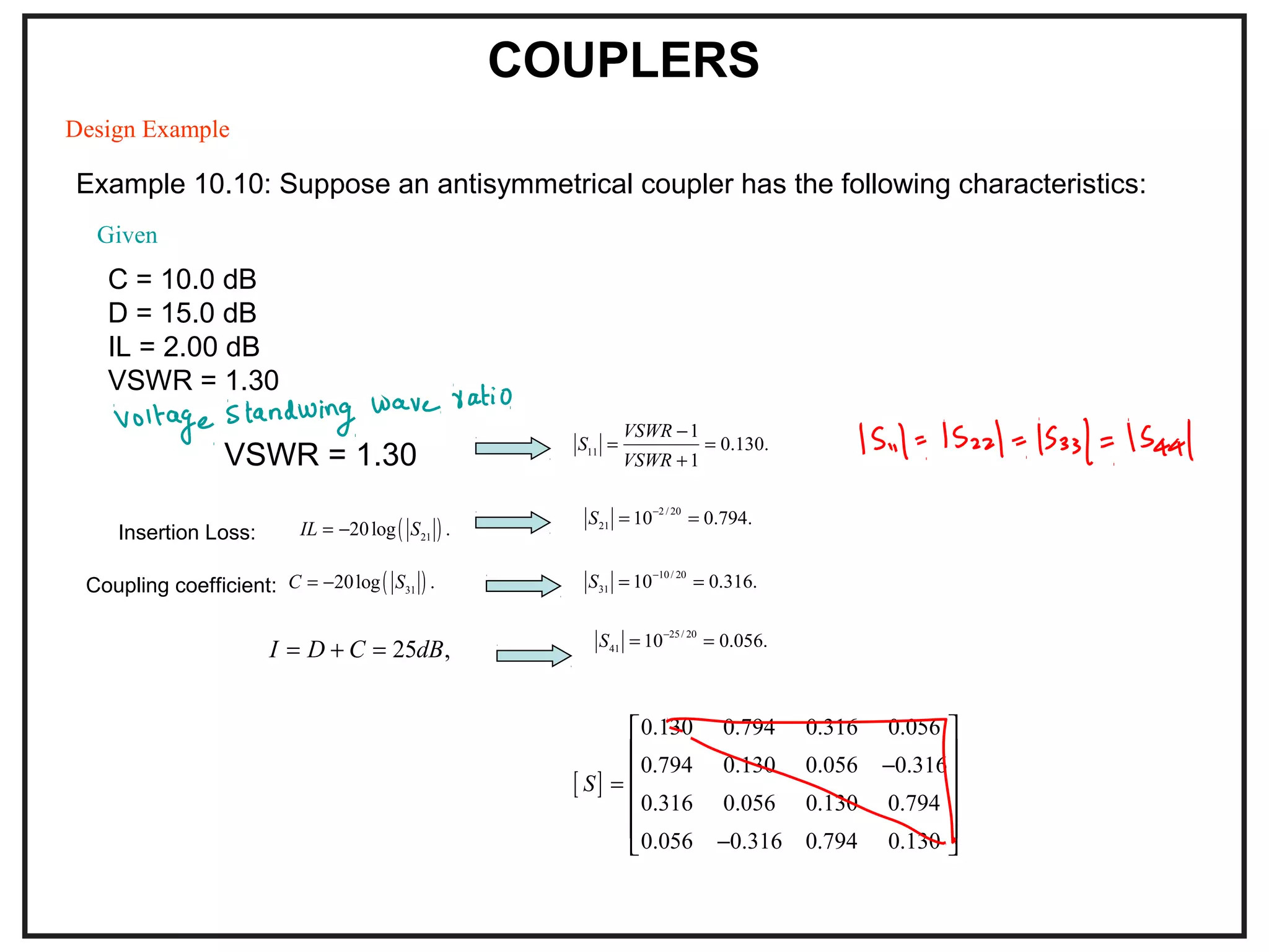 COUPLERS
Design Example
Example 10.10: Suppose an antisymmetrical coupler has the following characteristics:
C = 10.0 dB
D = 15.0 dB
IL = 2.00 dB
VSWR = 1.30
Coupling coefficient: ( )3120log .C S= −
( )2120log .IL S= −Insertion Loss:
10/ 20
31 10 0.316.S −
= =
2 / 20
21 10 0.794.S −
= =
11
1
0.130.
1
VSWR
S
VSWR
−
= =
+
25 ,I D C dB= + =
25/ 20
41 10 0.056.S −
= =
VSWR = 1.30
[ ]
0.130 0.794 0.316 0.056
0.794 0.130 0.056 0.316
0.316 0.056 0.130 0.794
0.056 0.316 0.794 0.130
S
−
=
−
 
 
 
 
 
 
Given
 