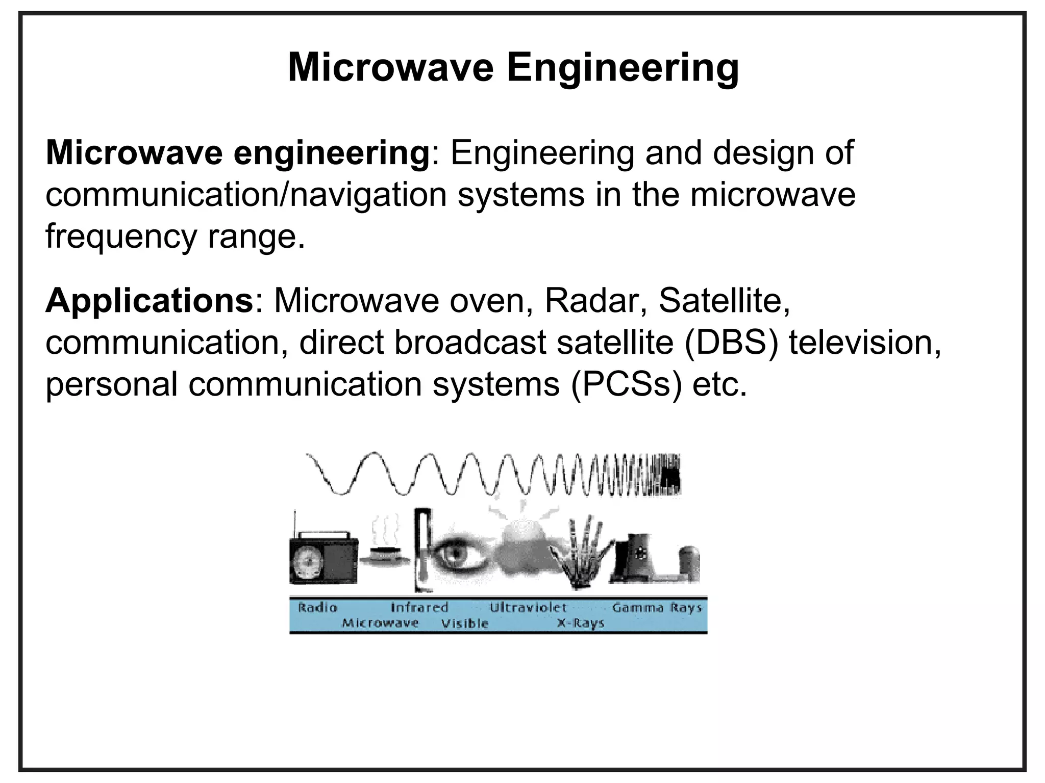 Microwave engineering: Engineering and design of
communication/navigation systems in the microwave
frequency range.
Microwave Engineering
Applications: Microwave oven, Radar, Satellite,
communication, direct broadcast satellite (DBS) television,
personal communication systems (PCSs) etc.
 