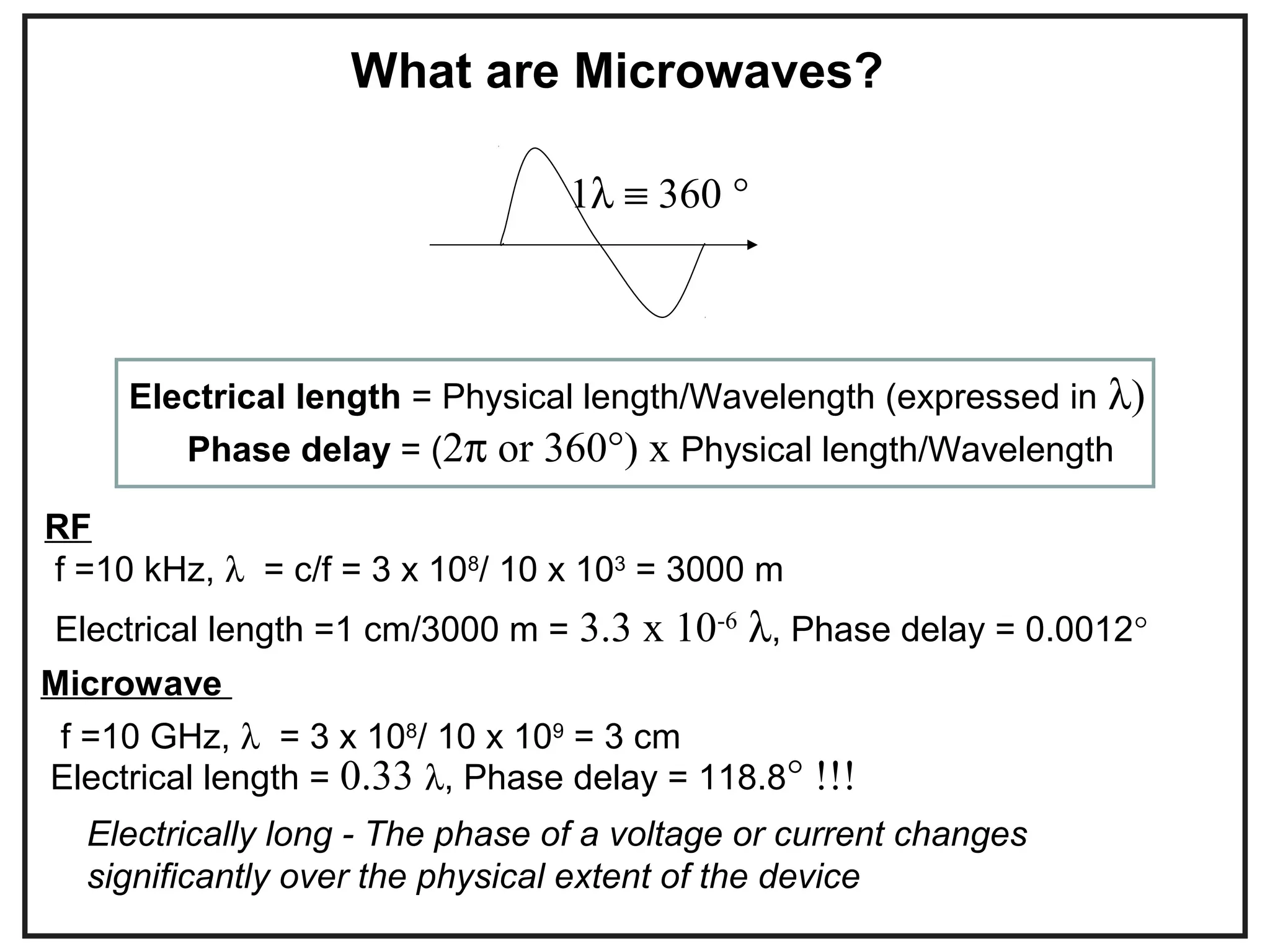 What are Microwaves?
f =10 kHz, λ = c/f = 3 x 108
/ 10 x 103
= 3000 m
Phase delay = (2π or 360°) x Physical length/Wavelength
f =10 GHz, λ = 3 x 108
/ 10 x 109
= 3 cm
Electrical length =1 cm/3000 m = 3.3 x 10-6
λ, Phase delay = 0.0012°
RF
Microwave
Electrical length = 0.33 λ, Phase delay = 118.8° !!!
1λ ≡ 360 °
Electrically long - The phase of a voltage or current changes
significantly over the physical extent of the device
Electrical length = Physical length/Wavelength (expressed in λ)
 
