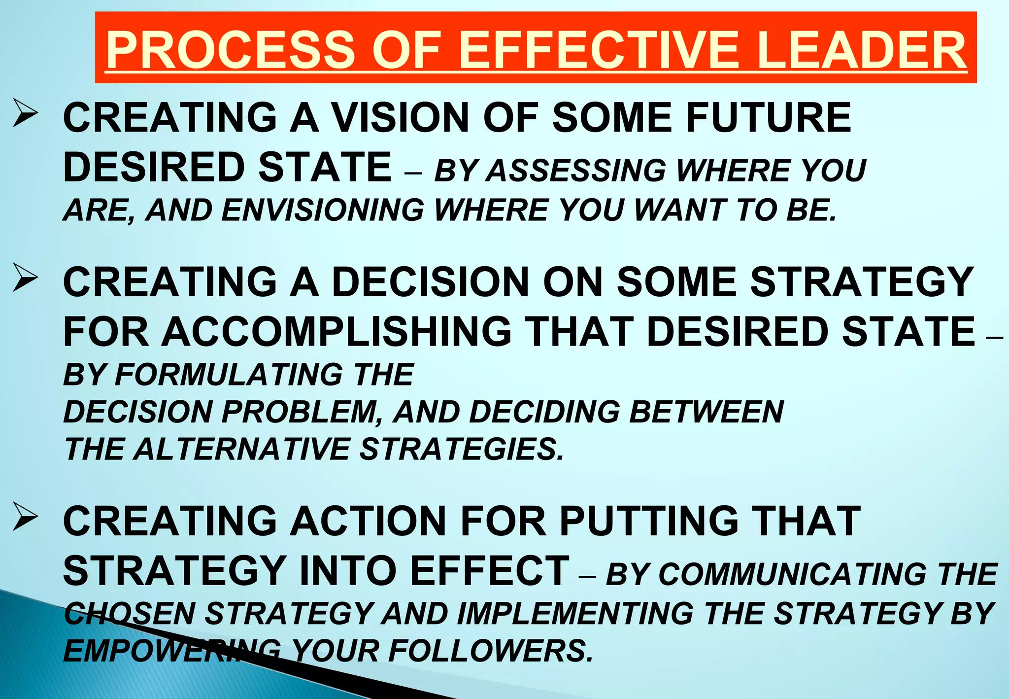 PROCESS OF EFFECTIVE LEADER
 CREATING A VISION OF SOME FUTURE
  DESIRED STATE – BY ASSESSING WHERE YOU
  ARE, AND ENVISIONING WHERE YOU WANT TO BE.

 CREATING A DECISION ON SOME STRATEGY
  FOR ACCOMPLISHING THAT DESIRED STATE –
  BY FORMULATING THE
  DECISION PROBLEM, AND DECIDING BETWEEN
  THE ALTERNATIVE STRATEGIES.

 CREATING ACTION FOR PUTTING THAT
  STRATEGY INTO EFFECT – BY COMMUNICATING THE
  CHOSEN STRATEGY AND IMPLEMENTING THE STRATEGY BY
  EMPOWERING YOUR FOLLOWERS.
 