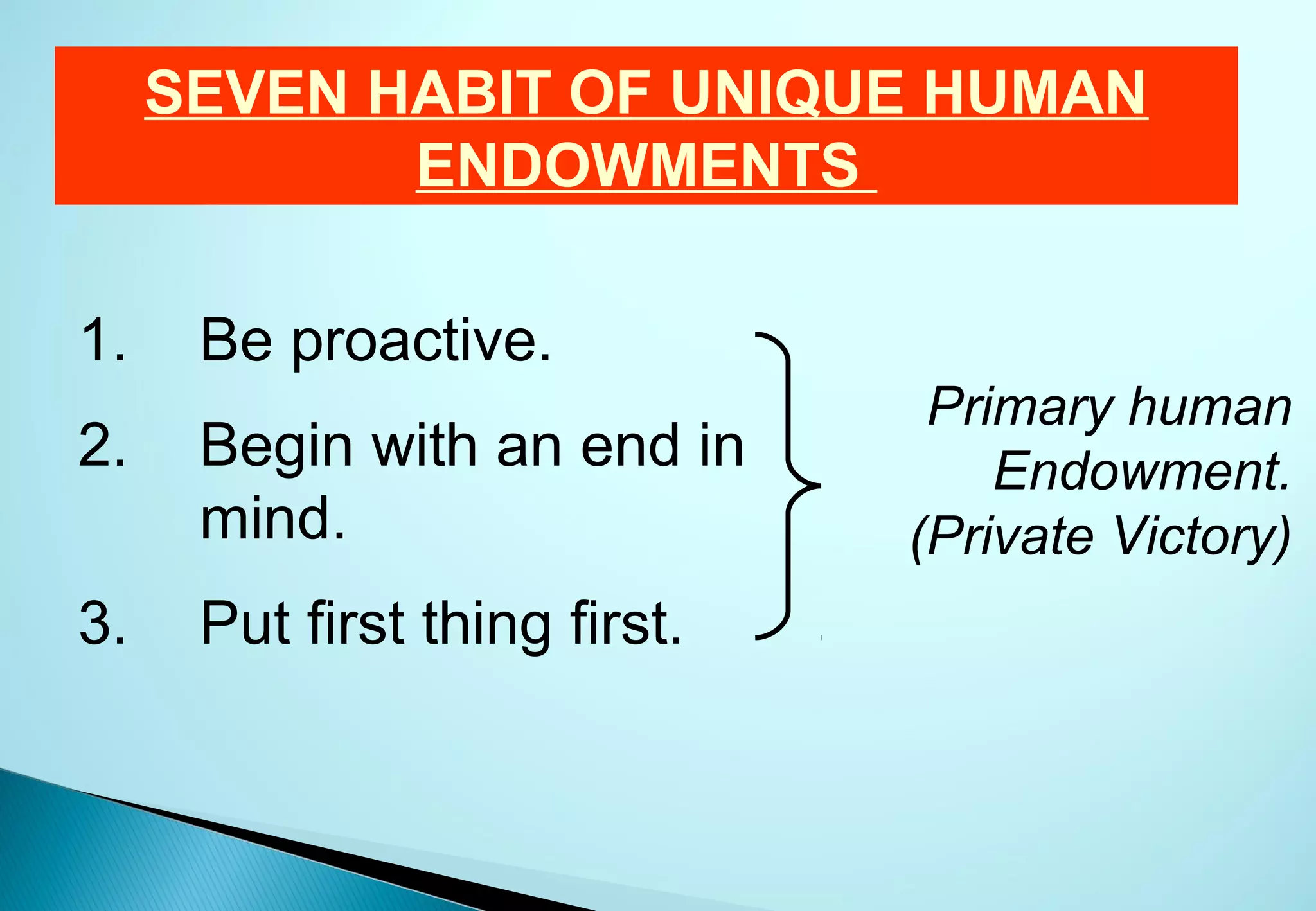 SEVEN HABIT OF UNIQUE HUMAN
            ENDOWMENTS

1.    Be proactive.
                                Primary human
2.    Begin with an end in         Endowment.
      mind.                    (Private Victory)
3.    Put first thing first.
 