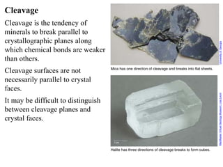 Cleavage
Cleavage is the tendency of
minerals to break parallel to
crystallographic planes along
which chemical bonds are weaker
than others.
Cleavage surfaces are not
necessarily parallel to crystal
faces.
It may be difficult to distinguish
between cleavage planes and
crystal faces.
University
of
Georgia
Mica has one direction of cleavage and breaks into flat sheets.
Halite has three directions of cleavage breaks to form cubes.
MacMaster
Virtual
Geology
Museum:
Lisa
Leoni
 