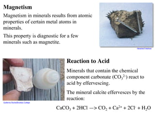 Magnetism
Magnetism in minerals results from atomic
properties of certain metal atoms in
minerals.
This property is diagnostic for a few
minerals such as magnetite.
Reaction to Acid
Minerals that contain the chemical
component carbonate (CO3
2-) react to
acid by effervescing.
The mineral calcite effervesces by the
reaction:
Herschel Friedman
CaCO3 + 2HCl —> CO2 + Ca2+ + 2Cl- + H2O
Guillermo Rocha/Brooklyn College
 