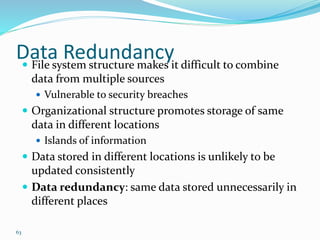 Data Redundancy File system structure makes it difficult to combine
data from multiple sources
 Vulnerable to security breaches
 Organizational structure promotes storage of same
data in different locations
 Islands of information
 Data stored in different locations is unlikely to be
updated consistently
 Data redundancy: same data stored unnecessarily in
different places
63
 