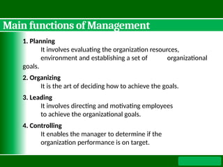 Main functions of Management
1. Planning
It involves evaluating the organization resources,
environment and establishing a set of organizational
goals.
2. Organizing
It is the art of deciding how to achieve the goals.
3. Leading
It involves directing and motivating employees
to achieve the organizational goals.
4. Controlling
It enables the manager to determine if the
organization performance is on target.
 