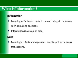 What is Information?
Information
 Meaningful facts and useful to human beings in processes
such as making decisions.
 Information is a group of data.
Data
 Meaningless facts and represents events such as business
transactions.
 