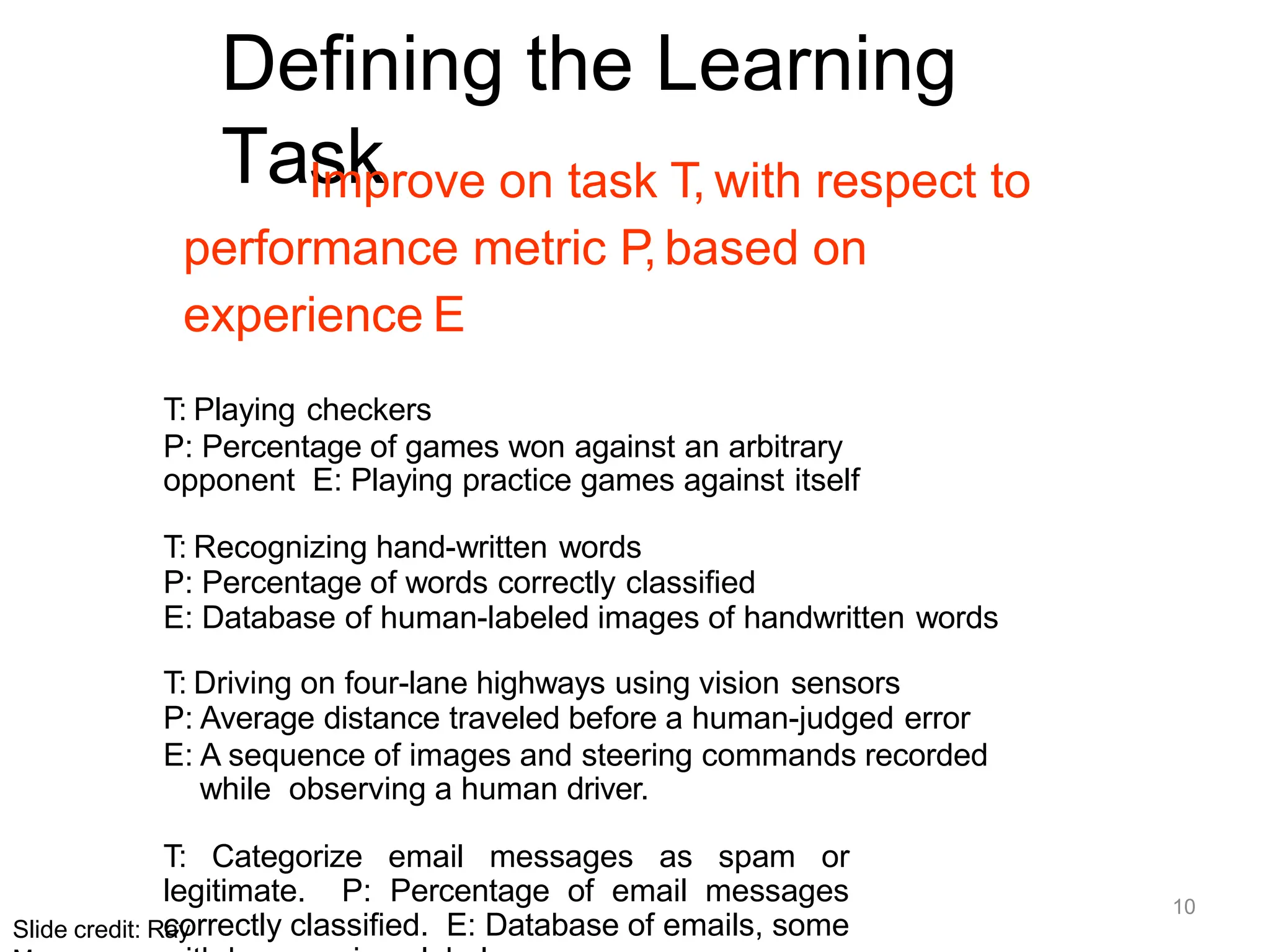 10
Slide credit: Ray
Defining the Learning
Task
Improve on task T, with respect to
performance metric P, based on
experience E
T: Playing checkers
P: Percentage of games won against an arbitrary
opponent E: Playing practice games against itself
T: Recognizing hand-written words
P: Percentage of words correctly classified
E: Database of human-labeled images of handwritten words
T: Driving on four-lane highways using vision sensors
P: Average distance traveled before a human-judged error
E: A sequence of images and steering commands recorded
while observing a human driver.
T: Categorize email messages as spam or
legitimate. P: Percentage of email messages
correctly classified. E: Database of emails, some
 