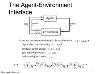 The Agent-Environment
Interface
Agent and environment interact at discrete timesteps
Agent observes state at step t: st S
: t  0, 1, 2, K
produces action at step t : at  A(st )
gets resulting reward :
and resulting next state :
rt1 
st 1
. . . st at
rt +1 st +1
at +1
rt +2 st+2
at +2
rt +3 st
+3
. . .
37
Slide credit: Sutton &
at +3
 