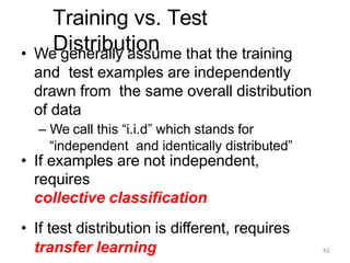Training vs. Test
Distribution
• We generally assume that the training
and test examples are independently
drawn from the same overall distribution
of data
– We call this “i.i.d” which stands for
“independent and identically distributed”
• If examples are not independent,
requires
collective classification
• If test distribution is different, requires
transfer learning 42
 