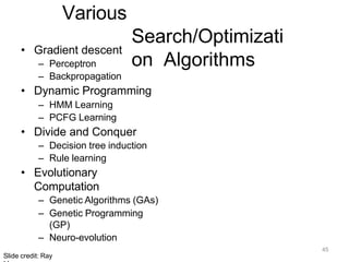 45
Slide credit: Ray
Various
Search/Optimizati
on Algorithms
• Gradient descent
– Perceptron
– Backpropagation
• Dynamic Programming
– HMM Learning
– PCFG Learning
• Divide and Conquer
– Decision tree induction
– Rule learning
• Evolutionary
Computation
– Genetic Algorithms (GAs)
– Genetic Programming
(GP)
– Neuro-evolution
 
