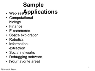 8
Slide credit: Pedro
Sample
Applications
• Web search
• Computational
biology
• Finance
• E-commerce
• Space exploration
• Robotics
• Information
extraction
• Social networks
• Debugging software
• [Your favorite area]
 
