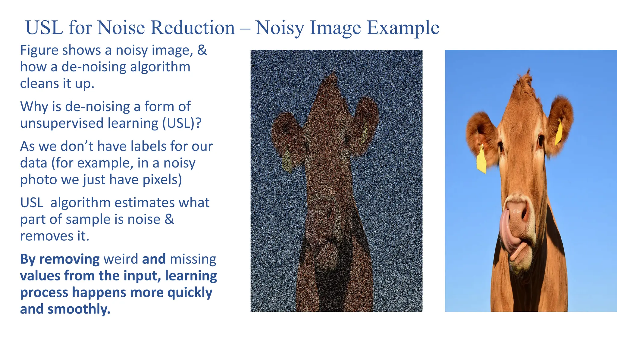 USL for Noise Reduction – Noisy Image Example
Figure shows a noisy image, &
how a de-noising algorithm
cleans it up.
Why is de-noising a form of
unsupervised learning (USL)?
As we don’t have labels for our
data (for example, in a noisy
photo we just have pixels)
USL algorithm estimates what
part of sample is noise &
removes it.
By removing weird and missing
values from the input, learning
process happens more quickly
and smoothly.
.
 