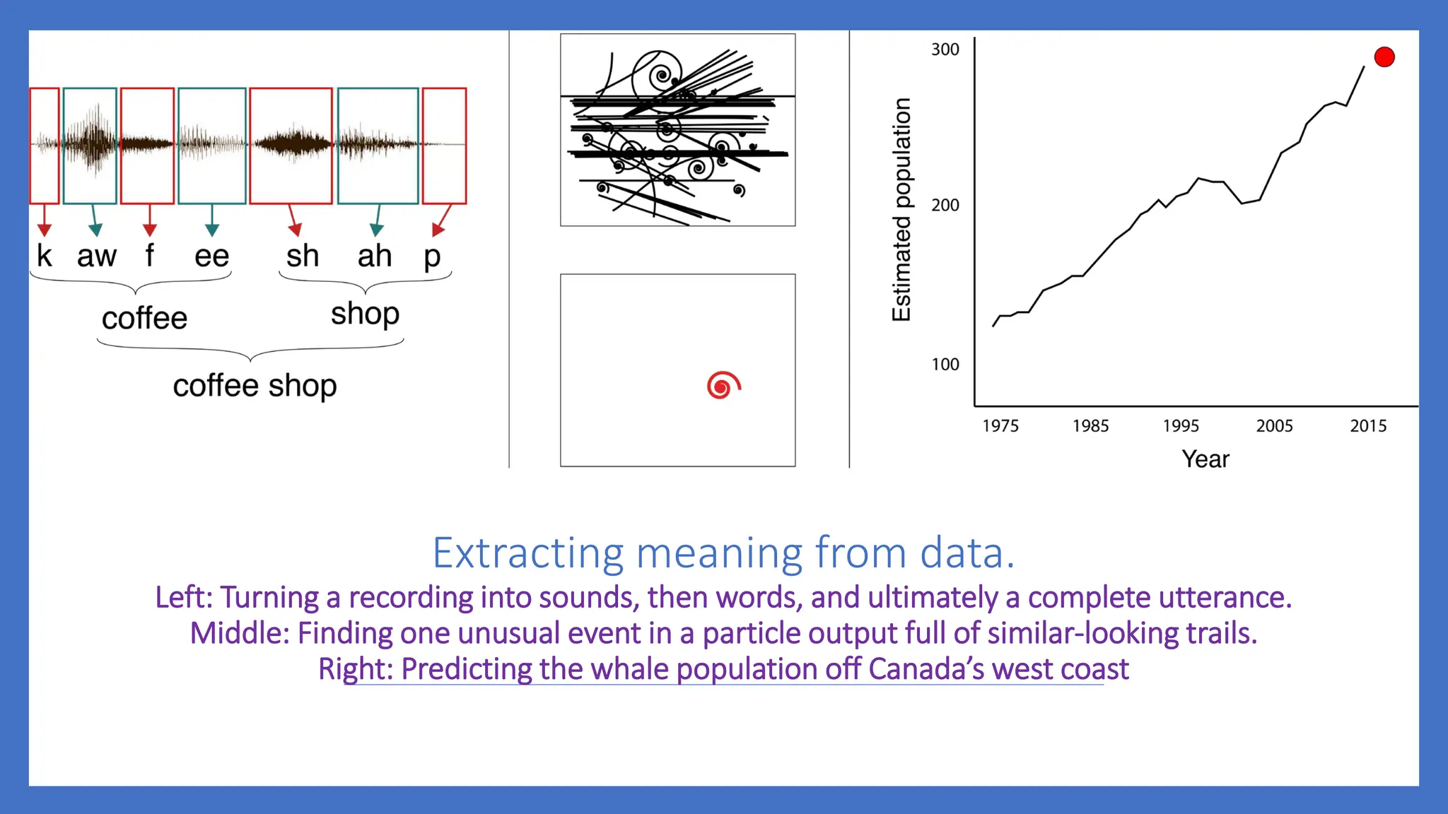 Extracting meaning from data.
Left: Turning a recording into sounds, then words, and ultimately a complete utterance.
Middle: Finding one unusual event in a particle output full of similar-looking trails.
Right: Predicting the whale population off Canada’s west coast
 